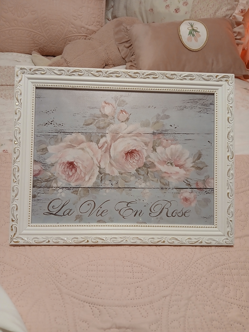 SHABBY CHIC style La Vie En Rose Floral Wall Art - Pink Roses On Robins Egg Blue